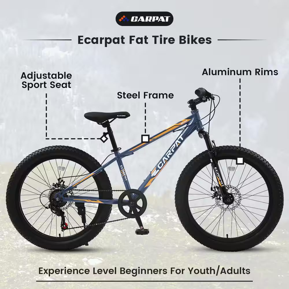 24 in Blue Steel Mountain Bike with Dual Disc Brake and Fat Tire
